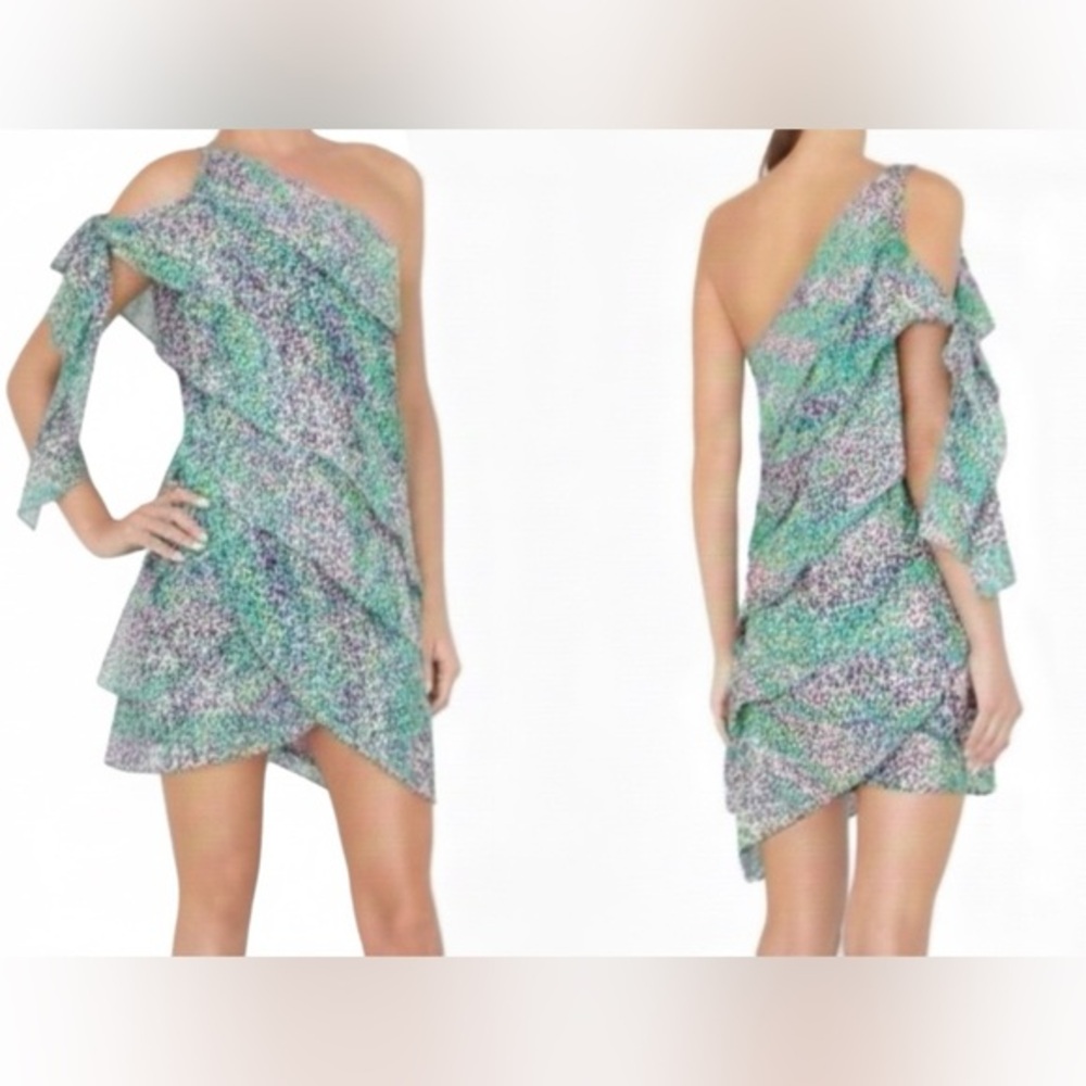 BCBGMaxAzria 100% Silk Asymmetrical Tiered Cold Shoulder & Tie Mini Dress M